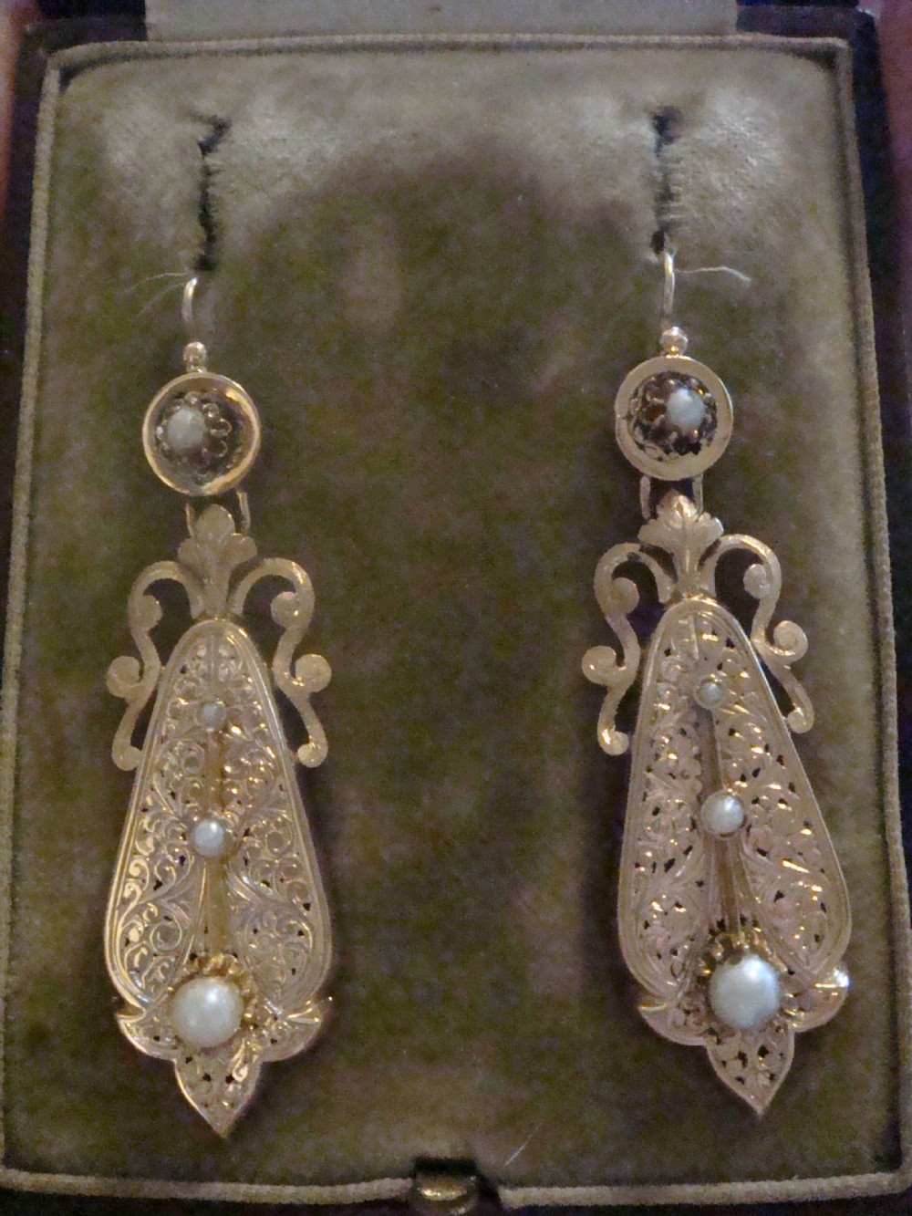 FRENCH EDWARDIAN 18CT ROSE GOLD CULTURED PEARL ORNATE LARGE DROP EARRING View III