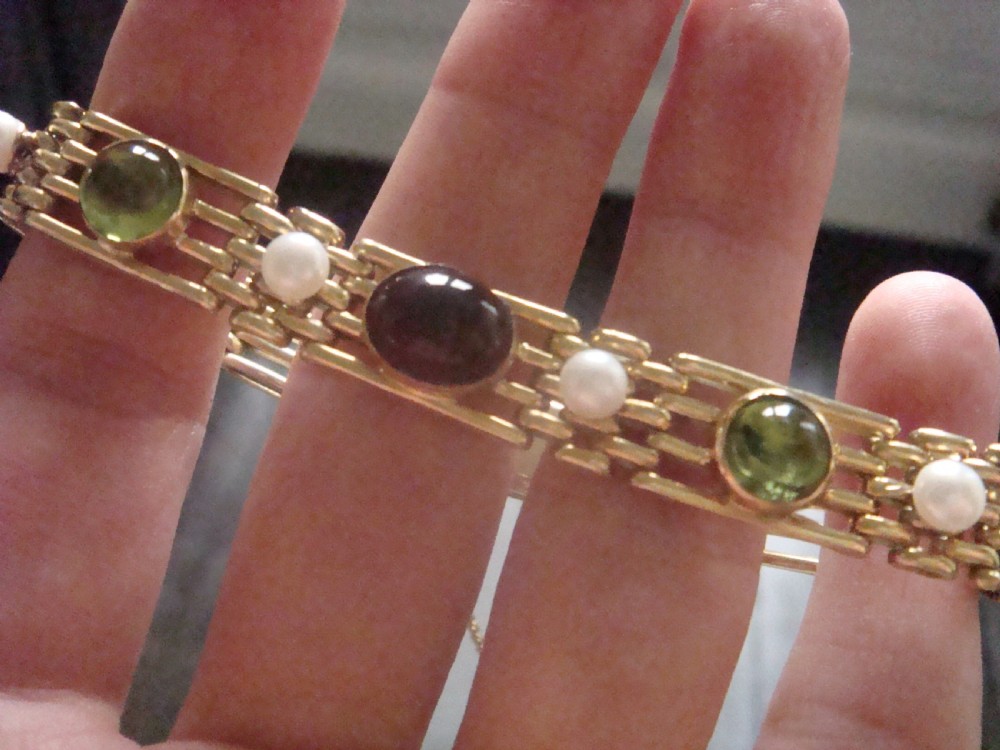 EDWARDIAN 9CT SUFFRAGETTE CABOCHON AMETHYST PERIDOT PEARL GATE BRACELET 17.1G View II