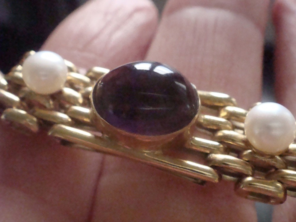 EDWARDIAN 9CT SUFFRAGETTE CABOCHON AMETHYST PERIDOT PEARL GATE BRACELET 17.1G View IV
