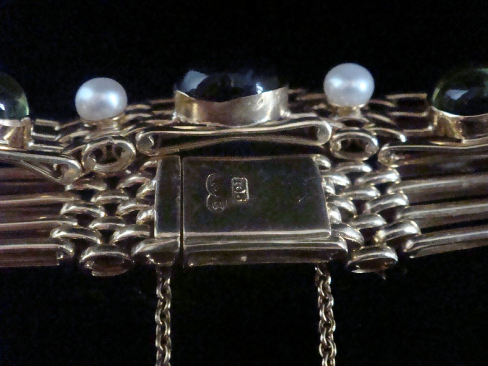 EDWARDIAN 9CT SUFFRAGETTE CABOCHON AMETHYST PERIDOT PEARL GATE BRACELET 17.1G View VI