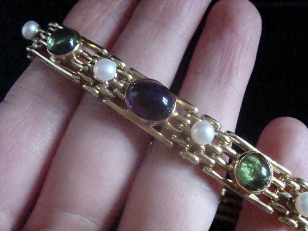 EDWARDIAN 9CT SUFFRAGETTE CABOCHON AMETHYST PERIDOT PEARL GATE BRACELET 17.1G View VII