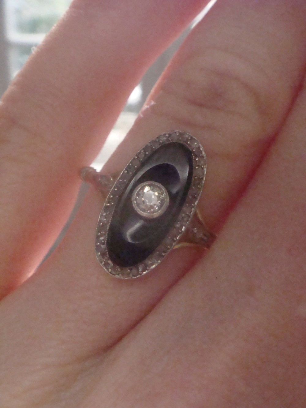 FRENCH EDWARDIAN 18CT PLATINUM ONYX AND ROSE CUT DIAMOND OVAL RING View III