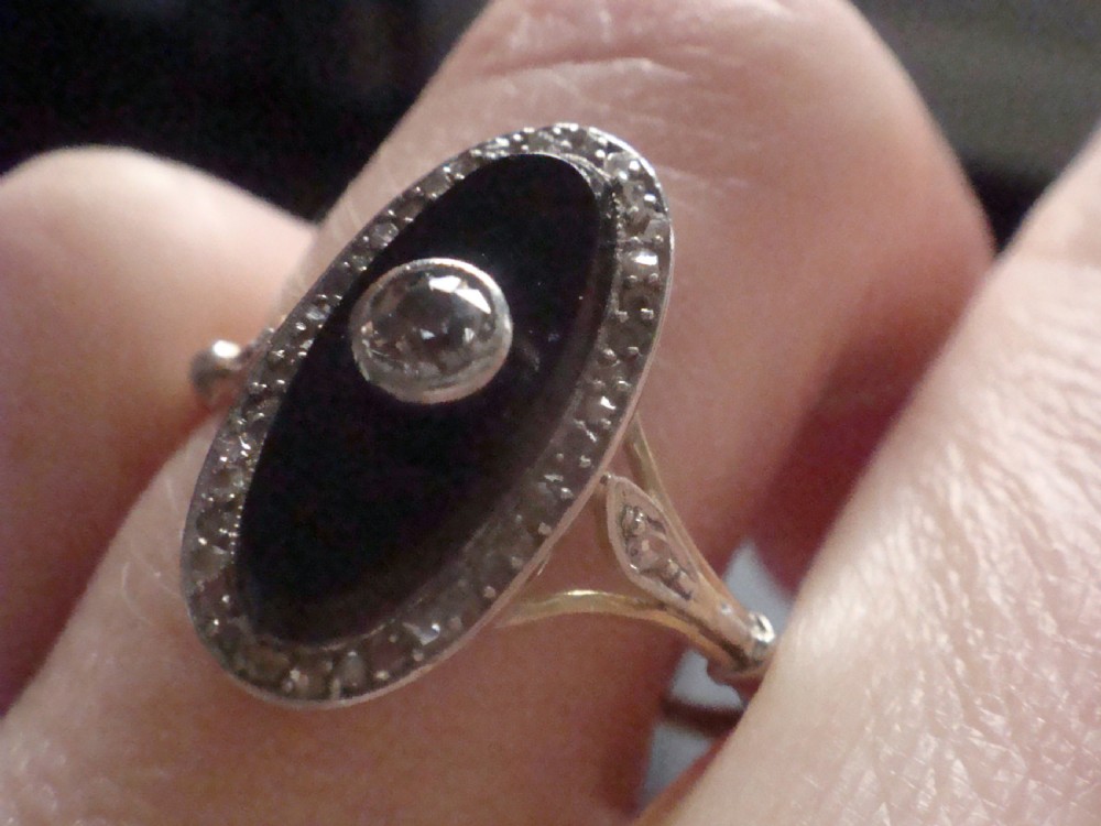 FRENCH EDWARDIAN 18CT PLATINUM ONYX AND ROSE CUT DIAMOND OVAL RING View V