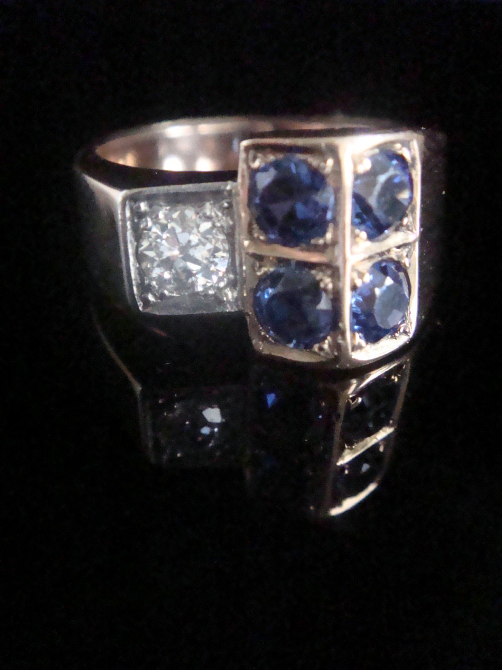 RETRO 1940S FRENCH TANK 18CT PLATINUM SAPPHIRE & DIAMOND 0.40CT PAVE SET RING