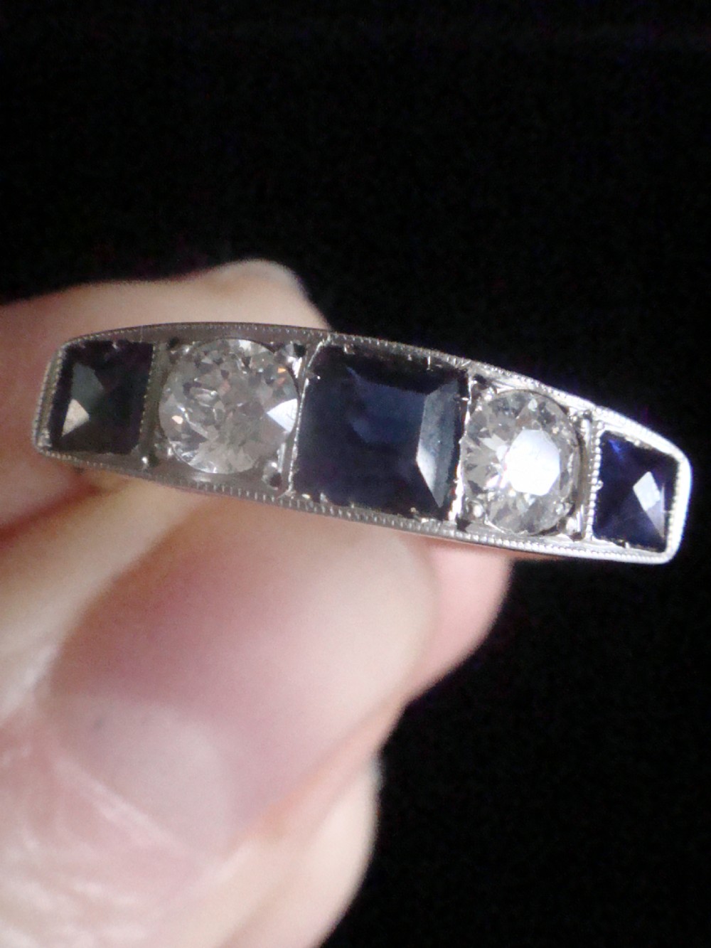 ART DECO 18CT PLATINUM SAPPHIRE AND DIAMOND 0.60ct 5 STONE BAND LARGE View III