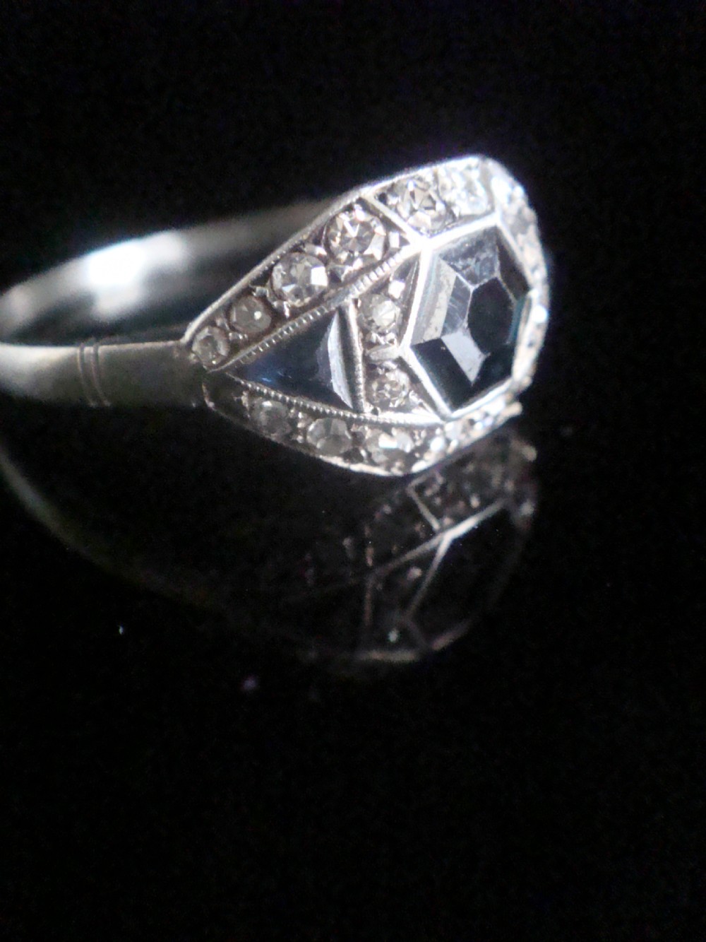 Art deco Platinum fancy cut natural sapphire and diamond 1920s ring View II