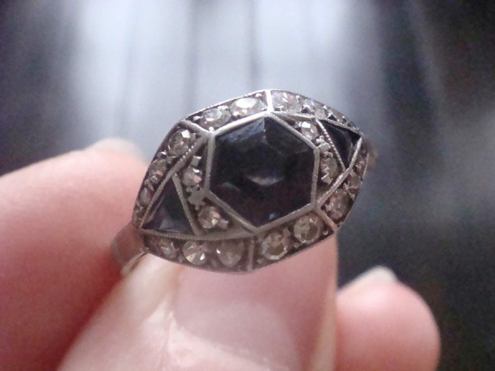 Art deco Platinum fancy cut natural sapphire and diamond 1920s ring View III