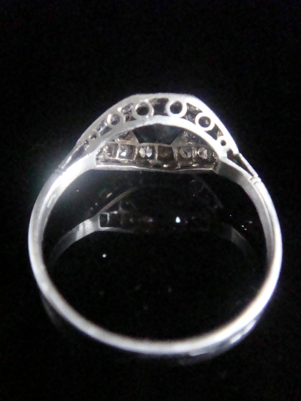 Art deco Platinum fancy cut natural sapphire and diamond 1920s ring View IV