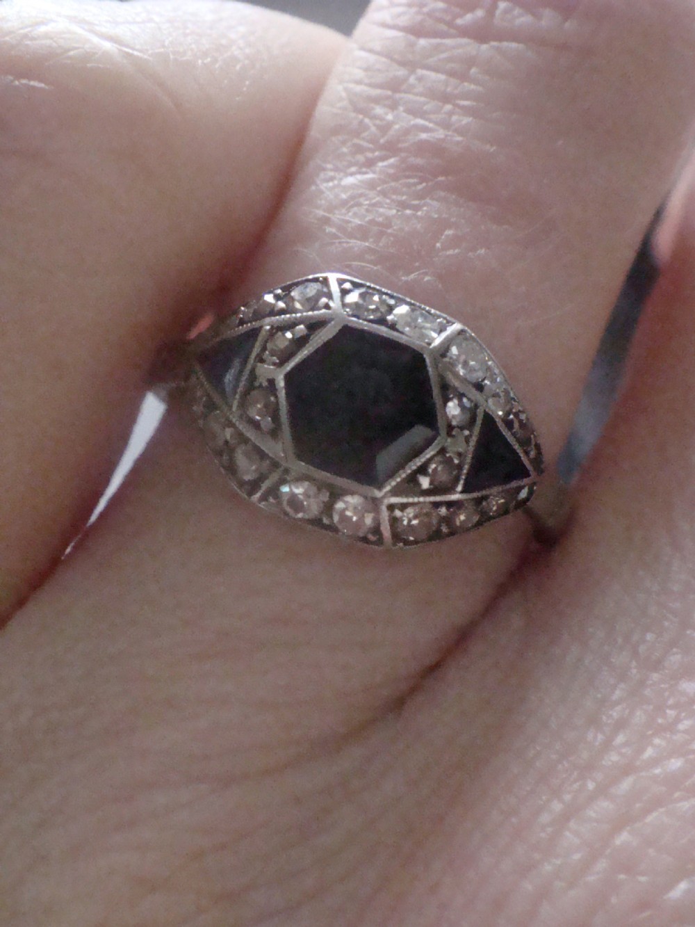 Art deco Platinum fancy cut natural sapphire and diamond 1920s ring View V