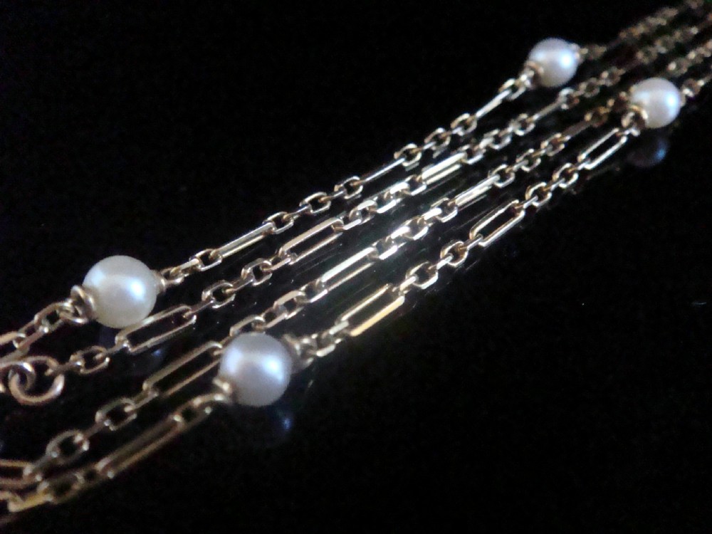 Edwardian 9ct yellow gold paperclip link with seed pearls chain 16 inches