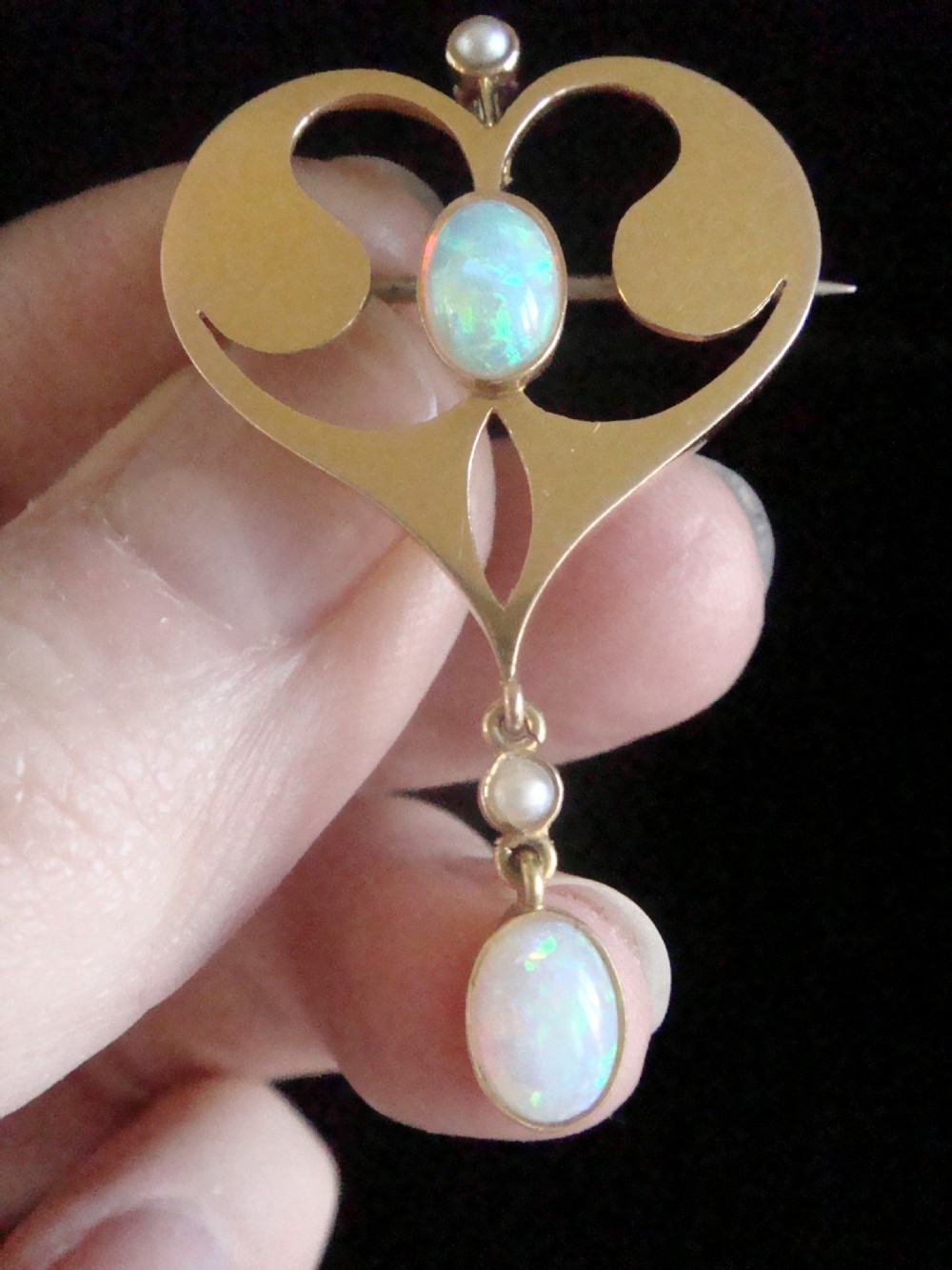 Art Nouveau 15ct yellow gold natural solid opal pendant and brooch View IV