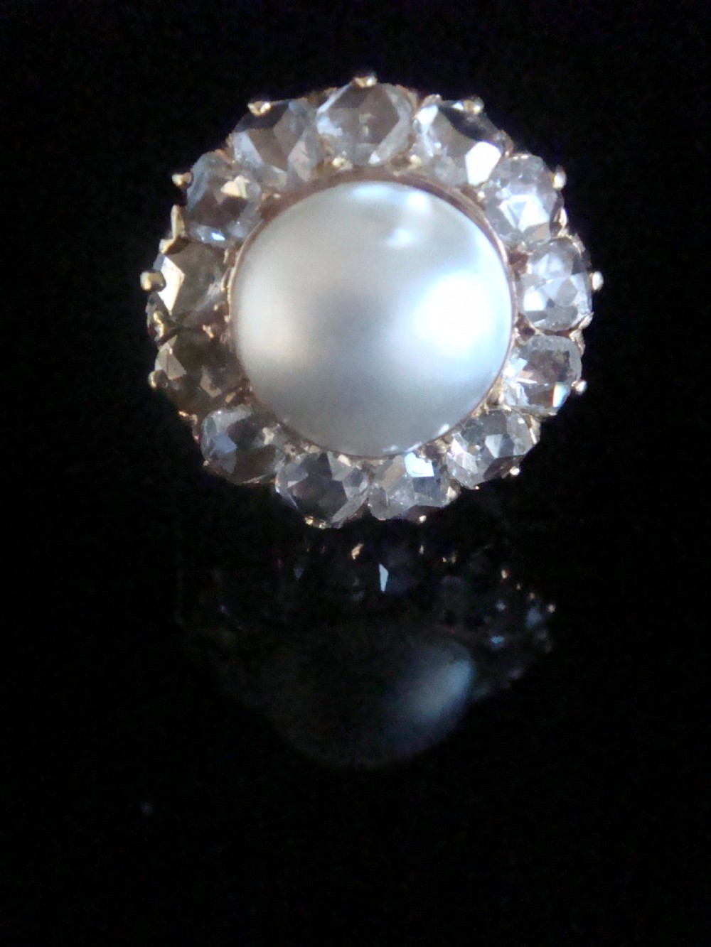 Large Edwardian French 18ct rose gold rose cut diamond and pearl cluster 1.50ct