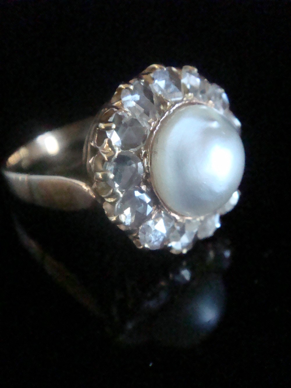 Large Edwardian French 18ct rose gold rose cut diamond and pearl cluster 1.50ct View II