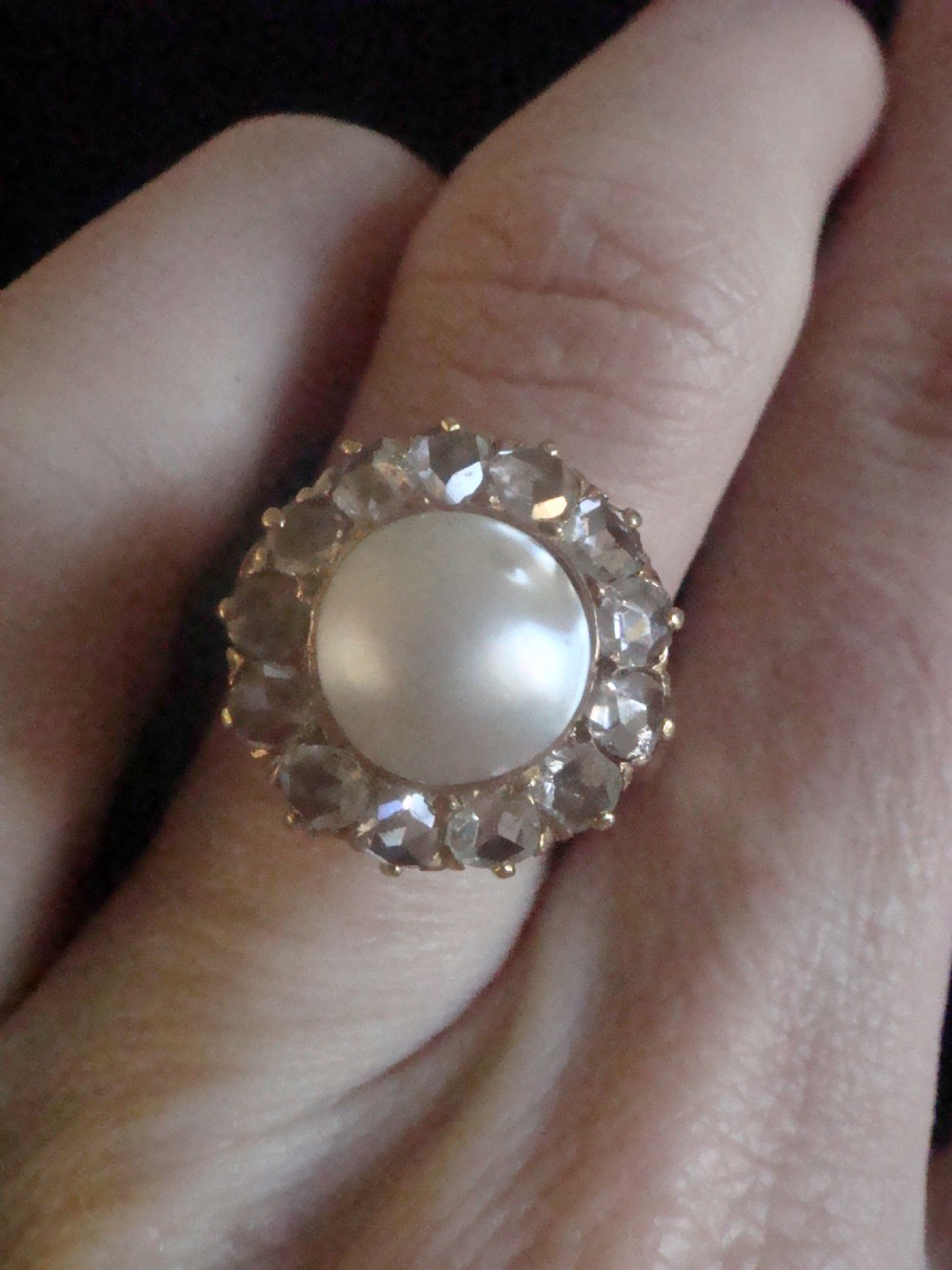 Large Edwardian French 18ct rose gold rose cut diamond and pearl cluster 1.50ct View IV