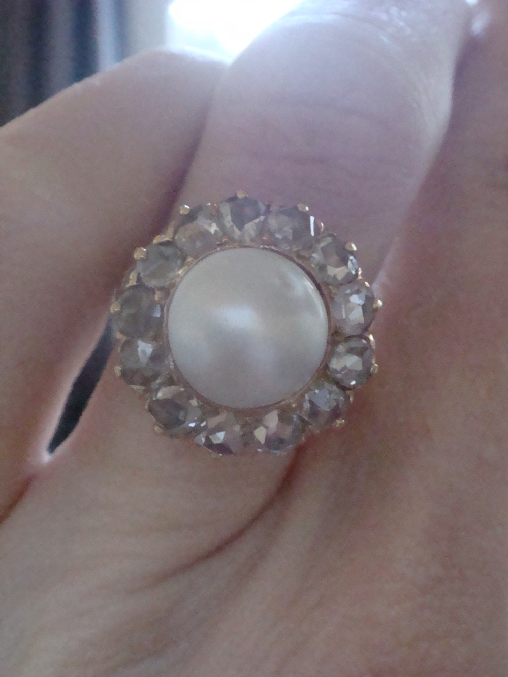 Large Edwardian French 18ct rose gold rose cut diamond and pearl cluster 1.50ct View V