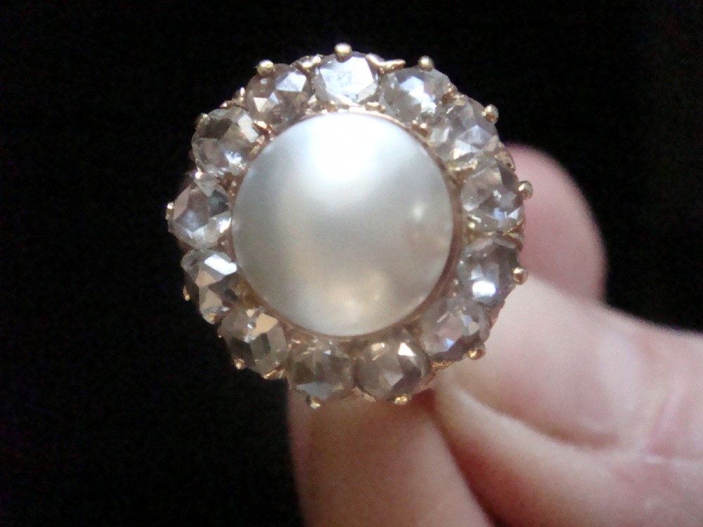 Large Edwardian French 18ct rose gold rose cut diamond and pearl cluster 1.50ct View VI