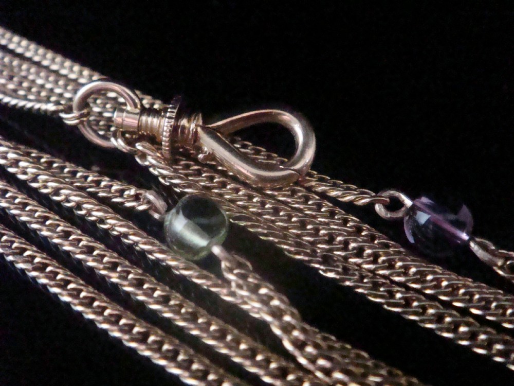 Stunning high carat 15ct victorian suffragette amethyst peridot pearl longuard chain 22.5g