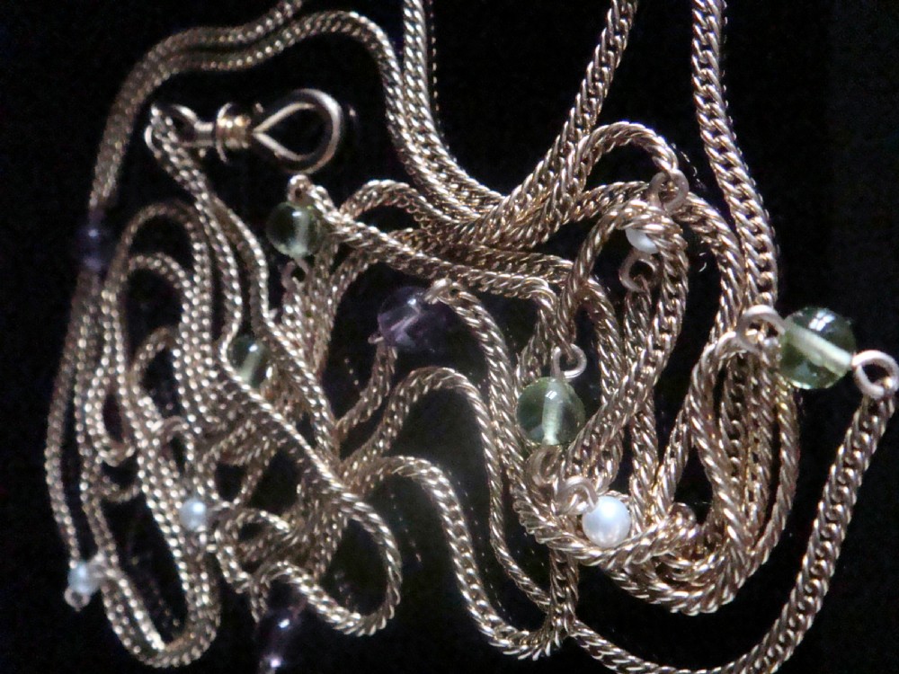Stunning high carat 15ct victorian suffragette amethyst peridot pearl longuard chain 22.5g View V