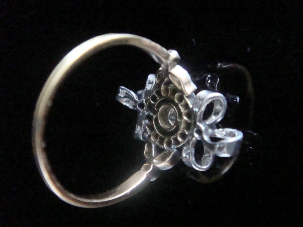 Edwardian 18ct platinum emerald and rose cut diamond bow ring View III