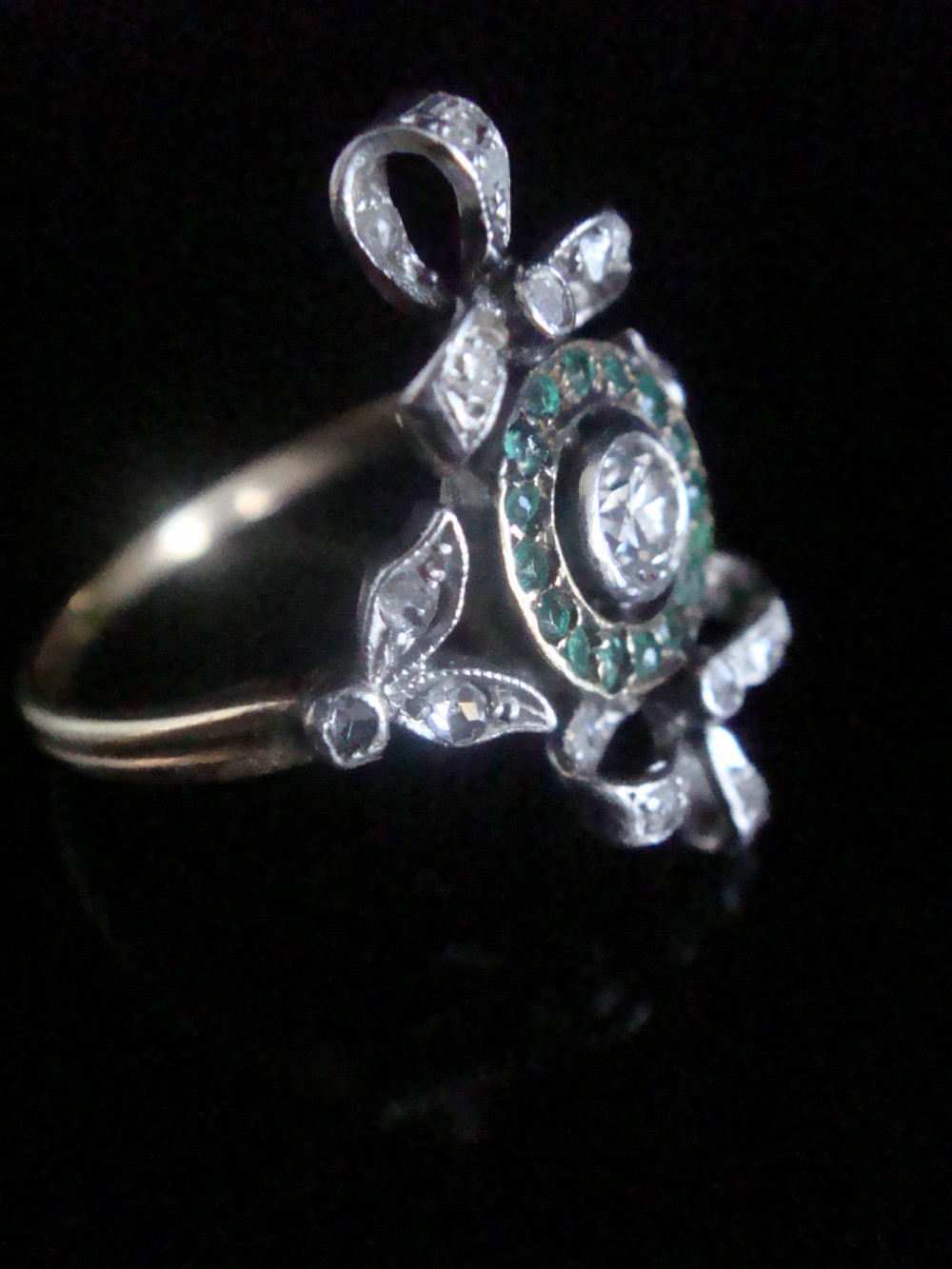 Edwardian 18ct platinum emerald and rose cut diamond bow ring View IV