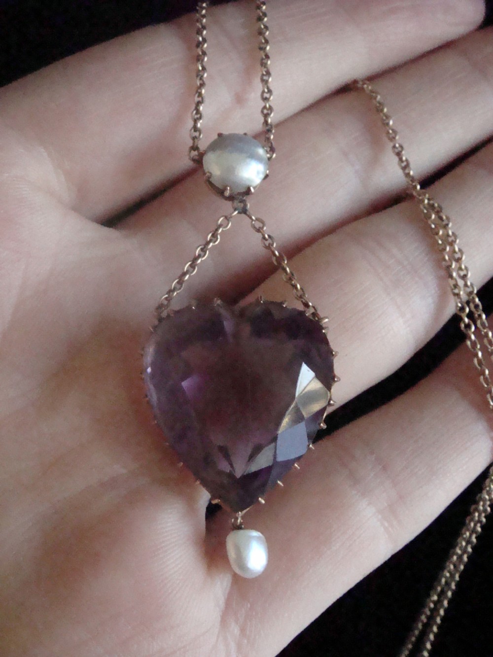 Victorian 9ct rose gold large amethyst heart and pearl drop necklace