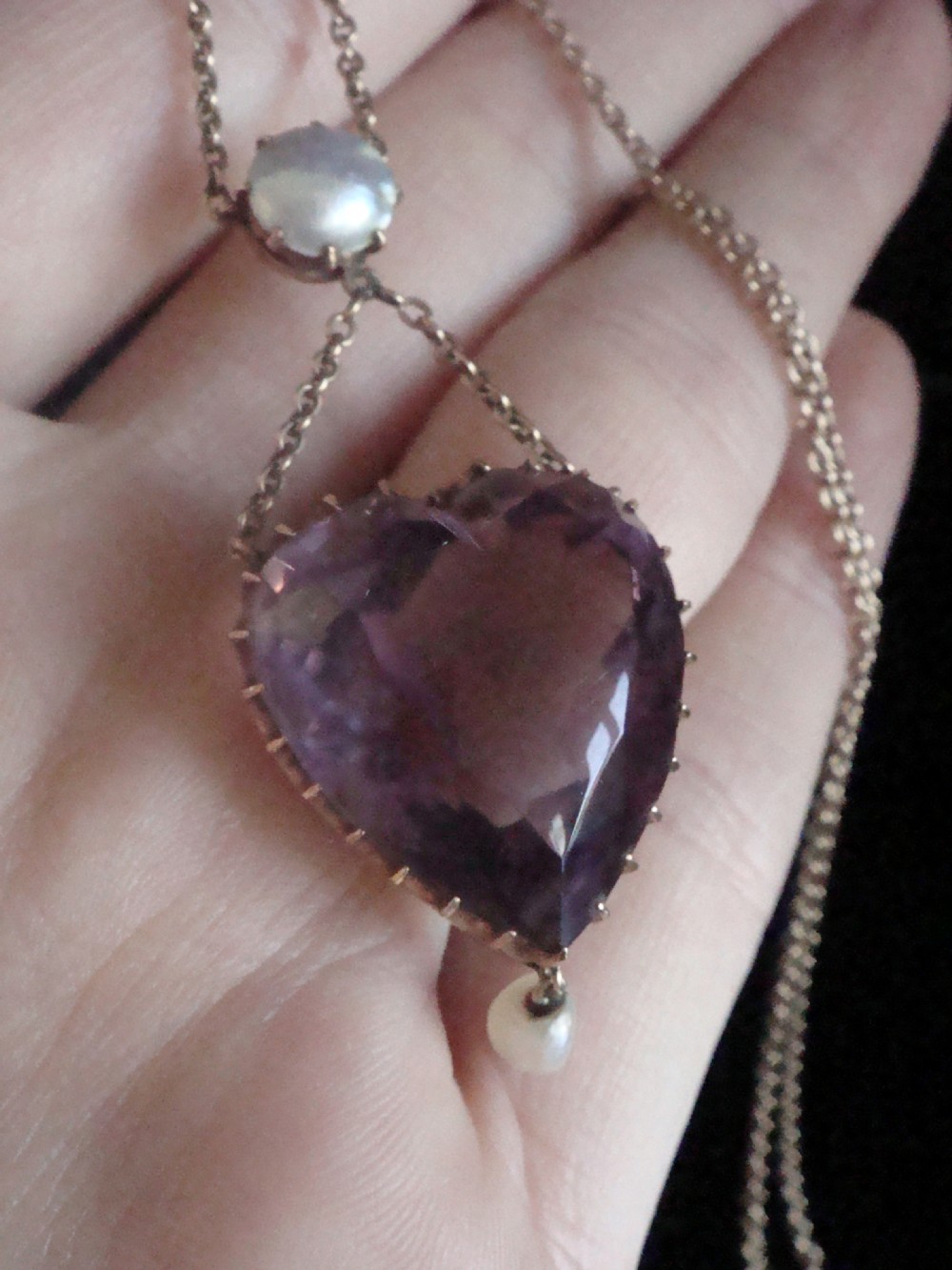 Victorian 9ct rose gold large amethyst heart and pearl drop necklace View II