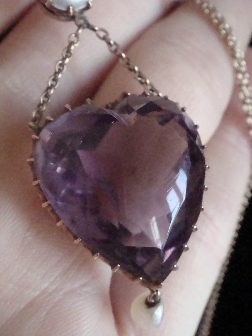 Victorian 9ct rose gold large amethyst heart and pearl drop necklace View III