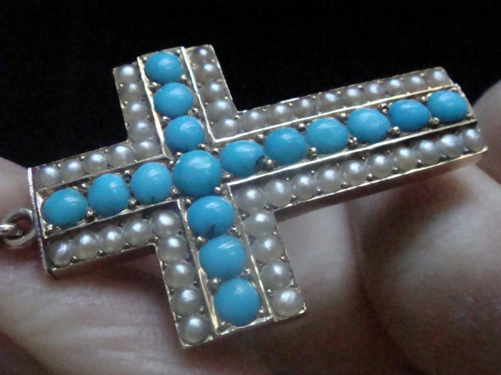 High quality heavy Victorian high carat 15ct rose gold turquoise pearl cross View VI
