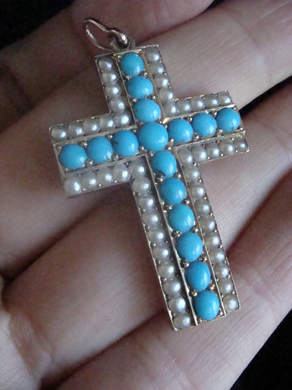 High quality heavy Victorian high carat 15ct rose gold turquoise pearl cross View VII