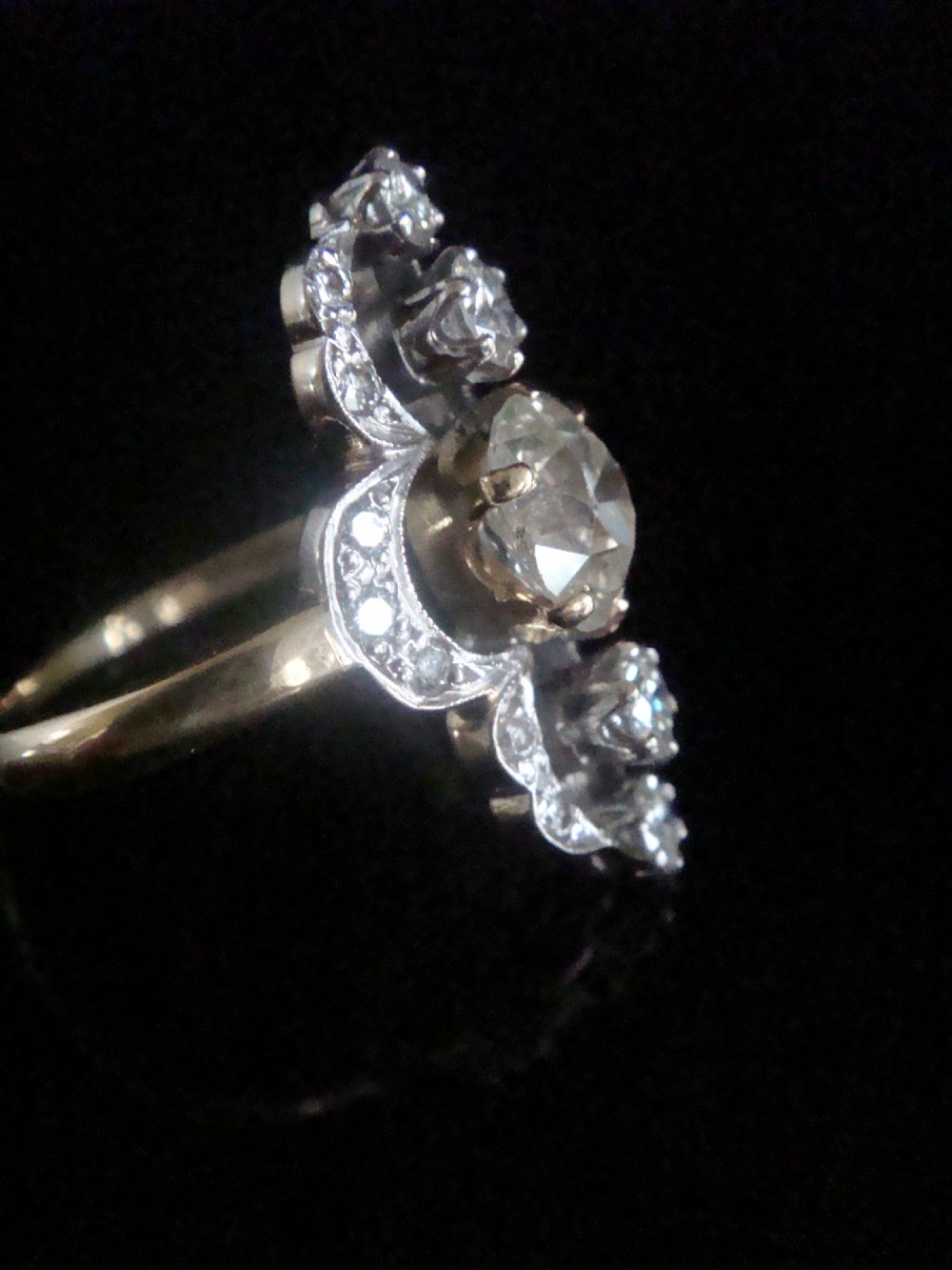 EDWARDIAN FRENCH 18CT YELLOW GOLD DIAMOND 2.38CT MARQUIS  RING 1.40CT CENTRE View III