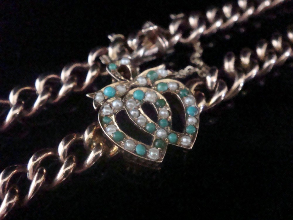 Victorian 9ct rose gold natural turquoise seed pearl double heart bracelet 7.6g