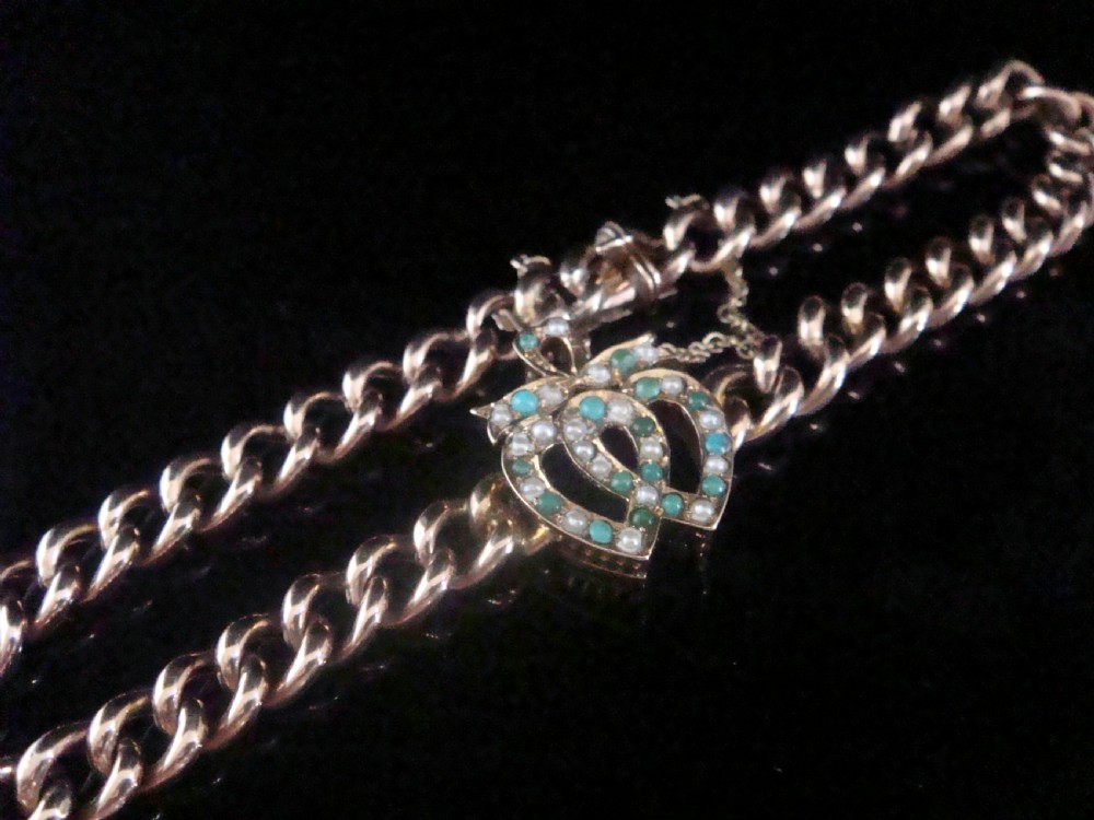 Victorian 9ct rose gold natural turquoise seed pearl double heart bracelet 7.6g View II