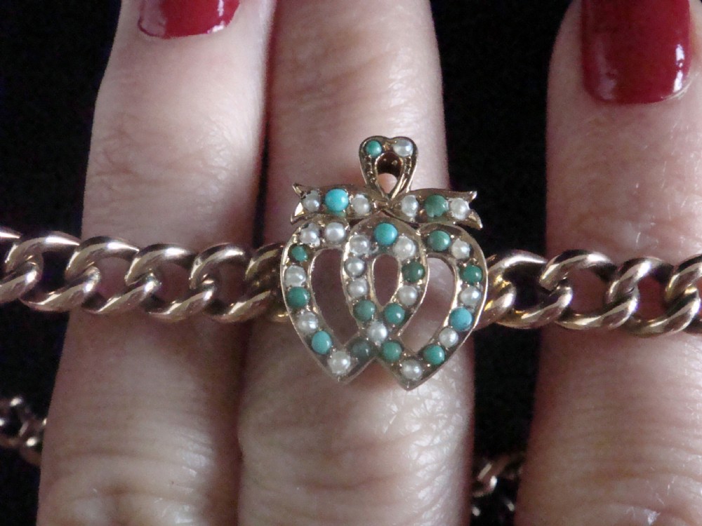 Victorian 9ct rose gold natural turquoise seed pearl double heart bracelet 7.6g View III