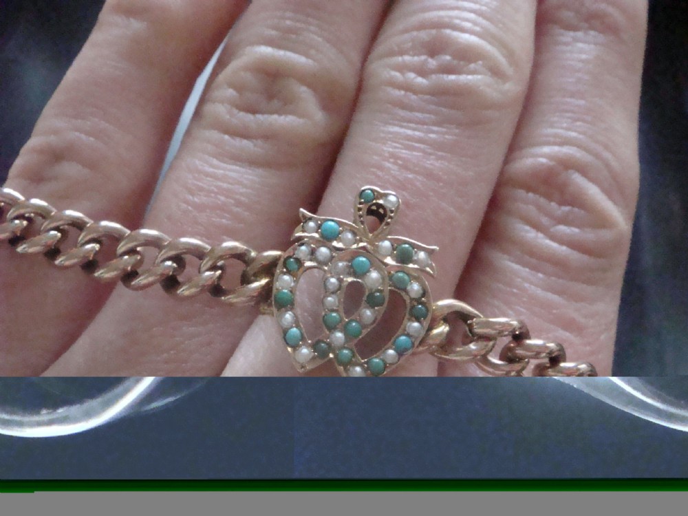 Victorian 9ct rose gold natural turquoise seed pearl double heart bracelet 7.6g View IV