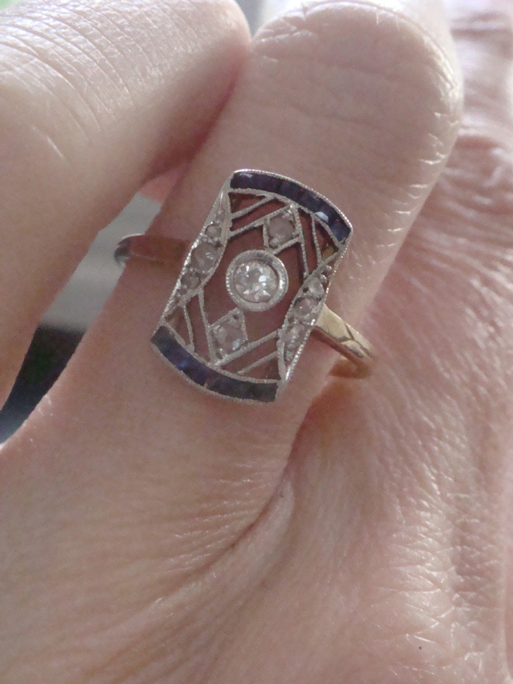 EDWARDIAN ART DECO FRENCH 18CT YELLOW GOLD SAPPHIRE DIAMOND PLAQUE RING View III
