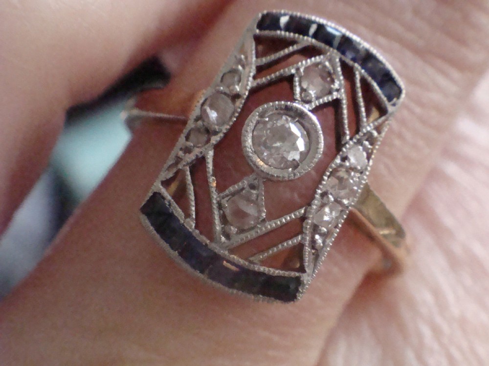 EDWARDIAN ART DECO FRENCH 18CT YELLOW GOLD SAPPHIRE DIAMOND PLAQUE RING View IV