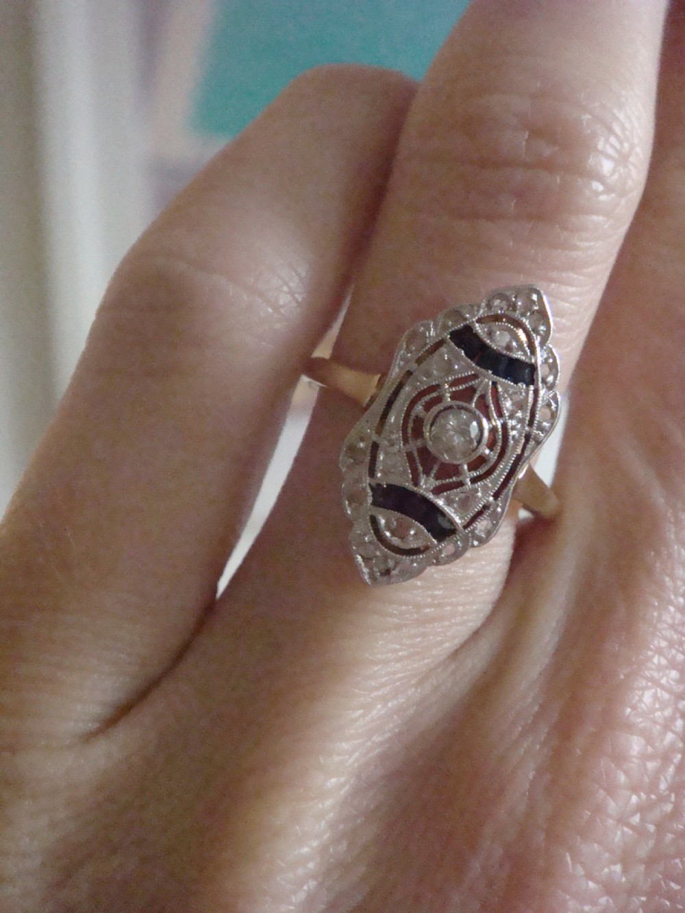 EDWARDIAN ART DECO FRENCH 18CT YELLOW GOLD SAPPHIRE DIAMOND PLAQUE RING View IV