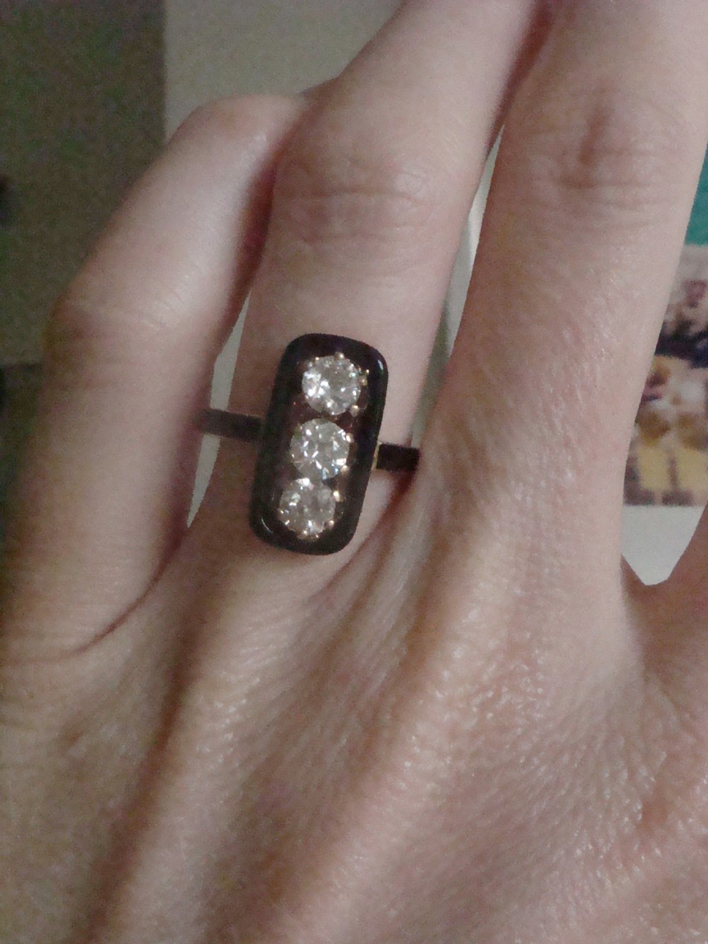 VICTORIAN 18CT YELLOW GOLD OLD CUT DIAMOND 1.20CT 3 STONE BLACK ENAMEL RING View V