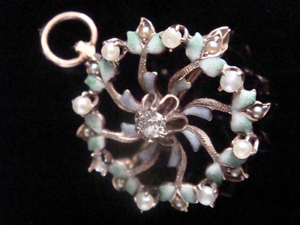EDWARDIAN 9CT ENAMEL FLOWER WITH CULTURED PEARL DIAMOND NECKLACE & BROOCH View II