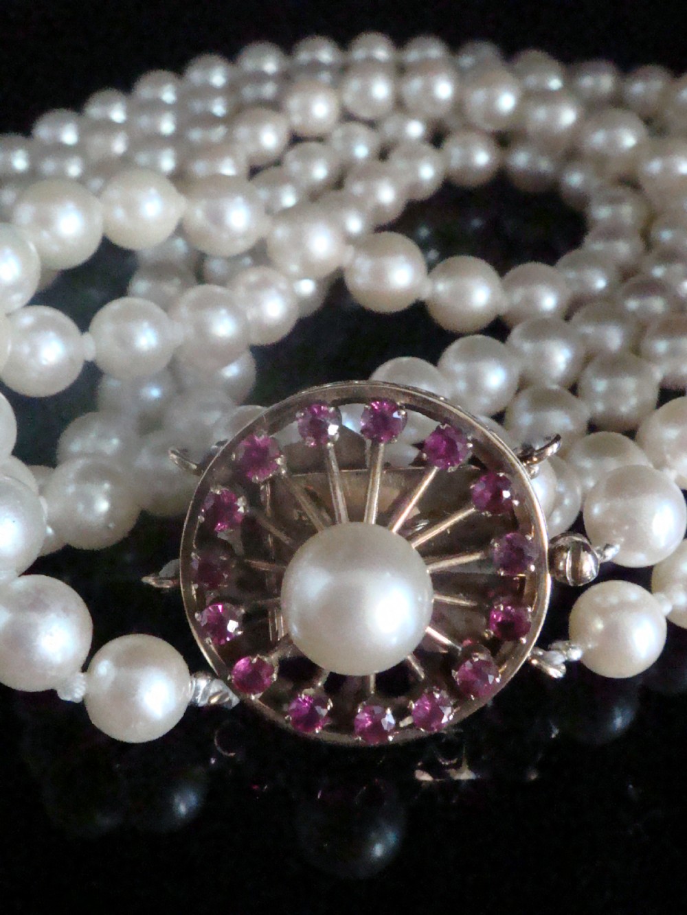 VINTAGE ANTIQUE LONG 14CT NATURAL RUBY 6MM CULTURED PEARL TRIPLE NECKLACE 14