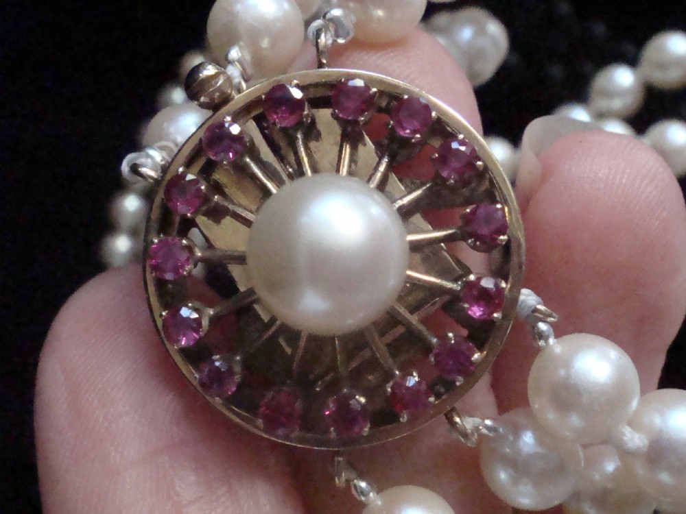 VINTAGE ANTIQUE LONG 14CT NATURAL RUBY 6MM CULTURED PEARL TRIPLE NECKLACE 14