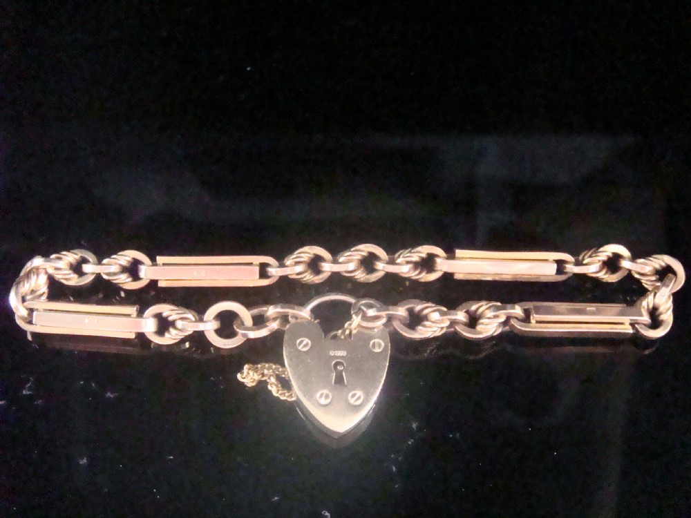 EDWARDIAN 9CT ROSE GOLD FETTER TROMBONE HEART PADLOCK BRACELET 11.6G 7.5 INCHES