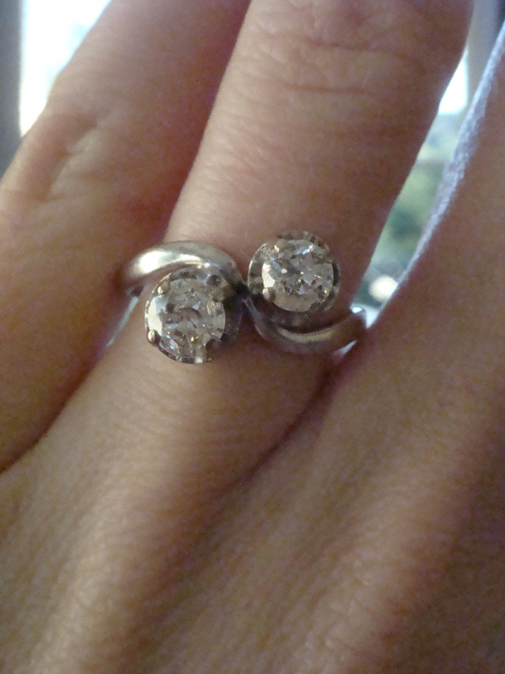 EDWARDIAN 18CT WHITE GOLD TRANSITIONAL CUT TWO STONE DIAMOND 0.75CT TOI ET MOI View V