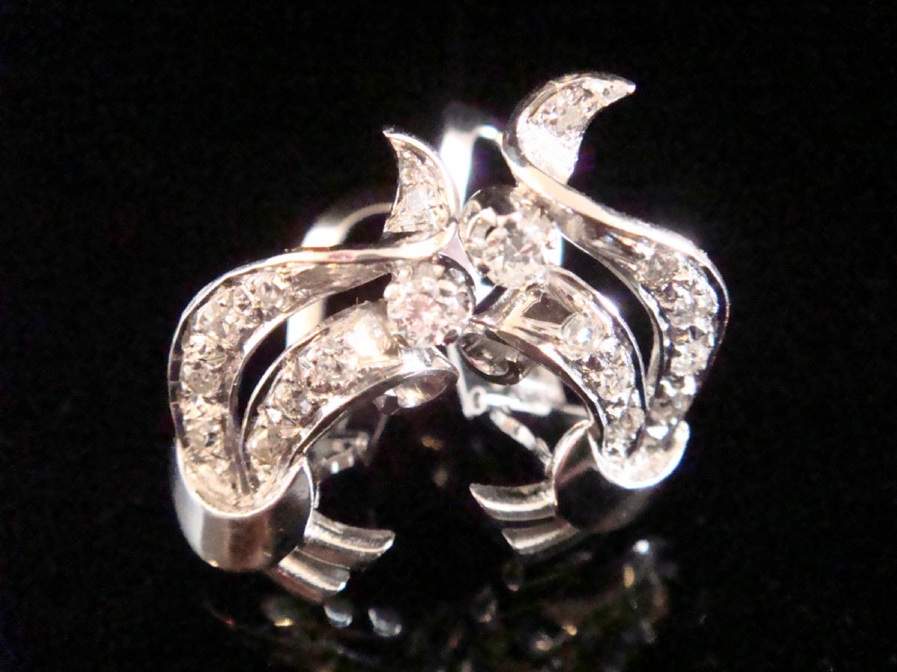 ART DECO 1920S 18CT WHITE GOLD OLD CUT CUT DIAMOND FAN CLIP EARRINGS 
