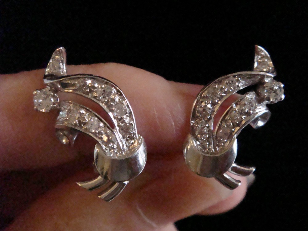 ART DECO 1920S 18CT WHITE GOLD OLD CUT CUT DIAMOND FAN CLIP EARRINGS  View IV