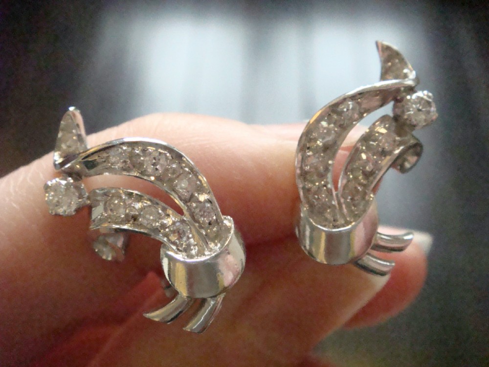 ART DECO 1920S 18CT WHITE GOLD OLD CUT CUT DIAMOND FAN CLIP EARRINGS  View V