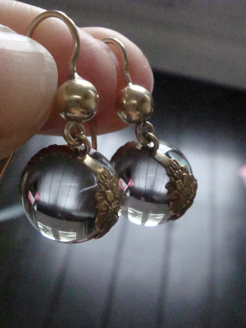 ORIGINAL VICTORIAN 15CT YELLOW GOLD AND GILT POOLS OF LIGHT CRYSTAL DROP EARRING View II