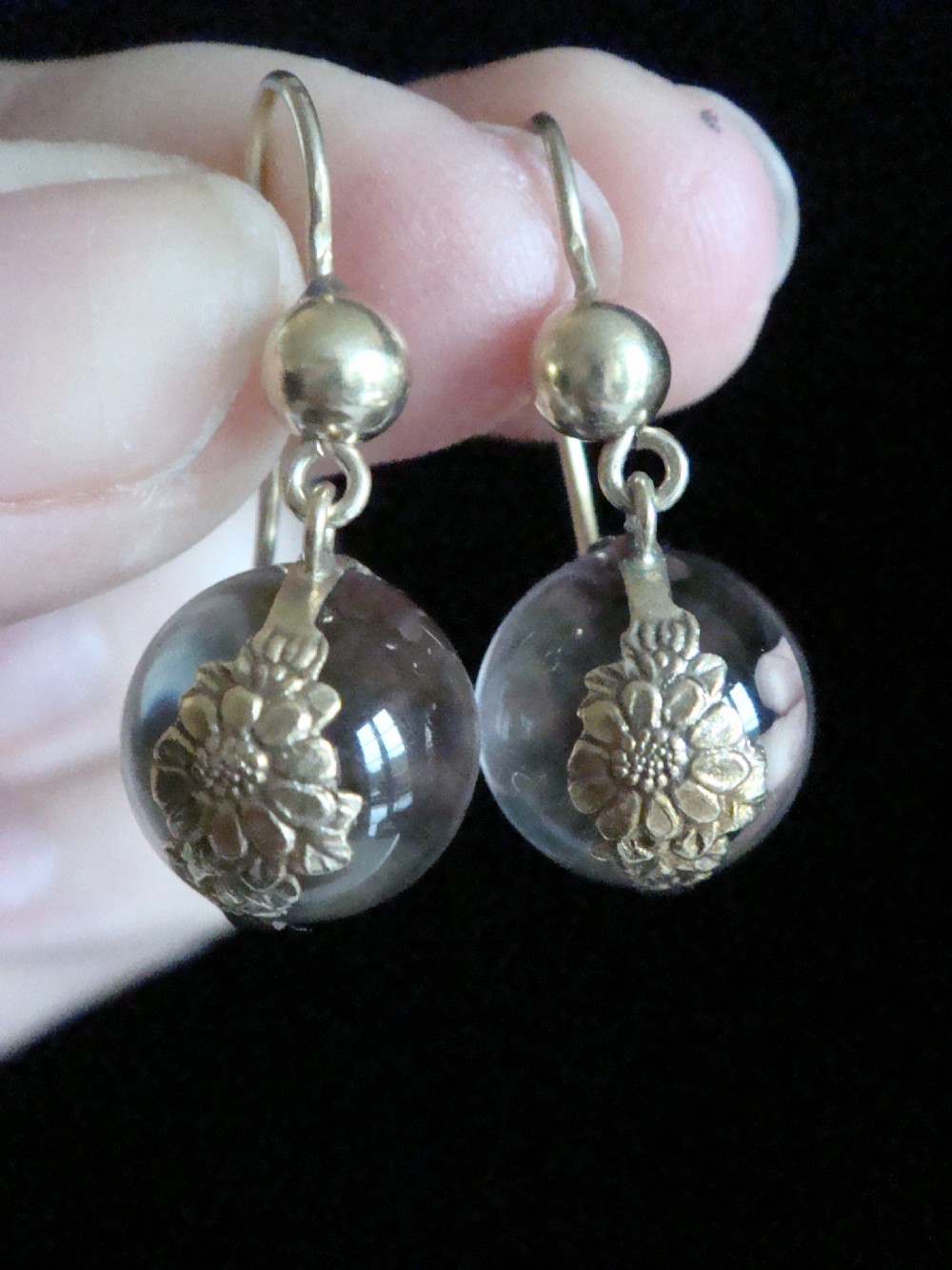 ORIGINAL VICTORIAN 15CT YELLOW GOLD AND GILT POOLS OF LIGHT CRYSTAL DROP EARRING View III