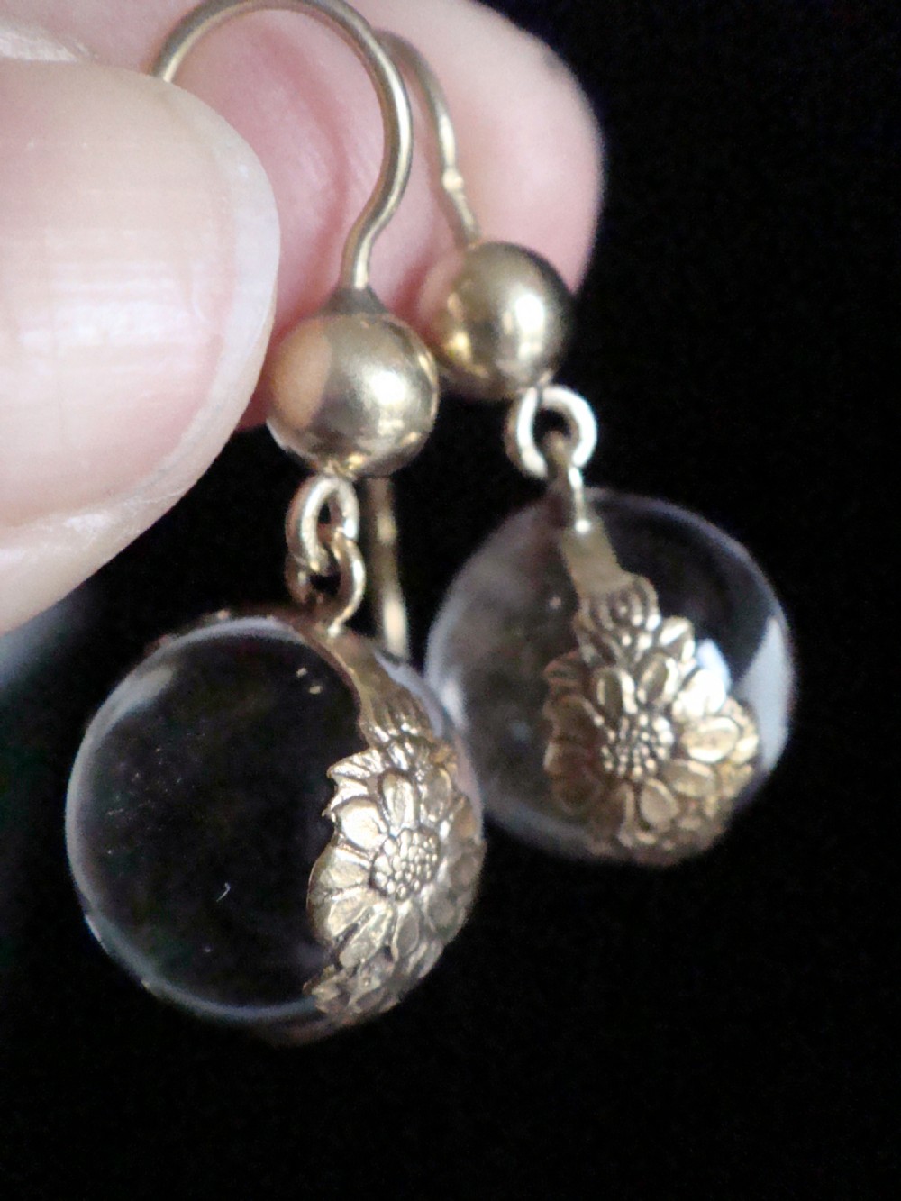 ORIGINAL VICTORIAN 15CT YELLOW GOLD AND GILT POOLS OF LIGHT CRYSTAL DROP EARRING View IV