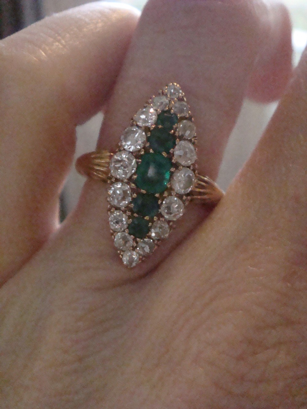 VICTORIAN 18CT FINE QUALITY NATURAL EMERALD AND DIAMOND 0.95CT RING View V